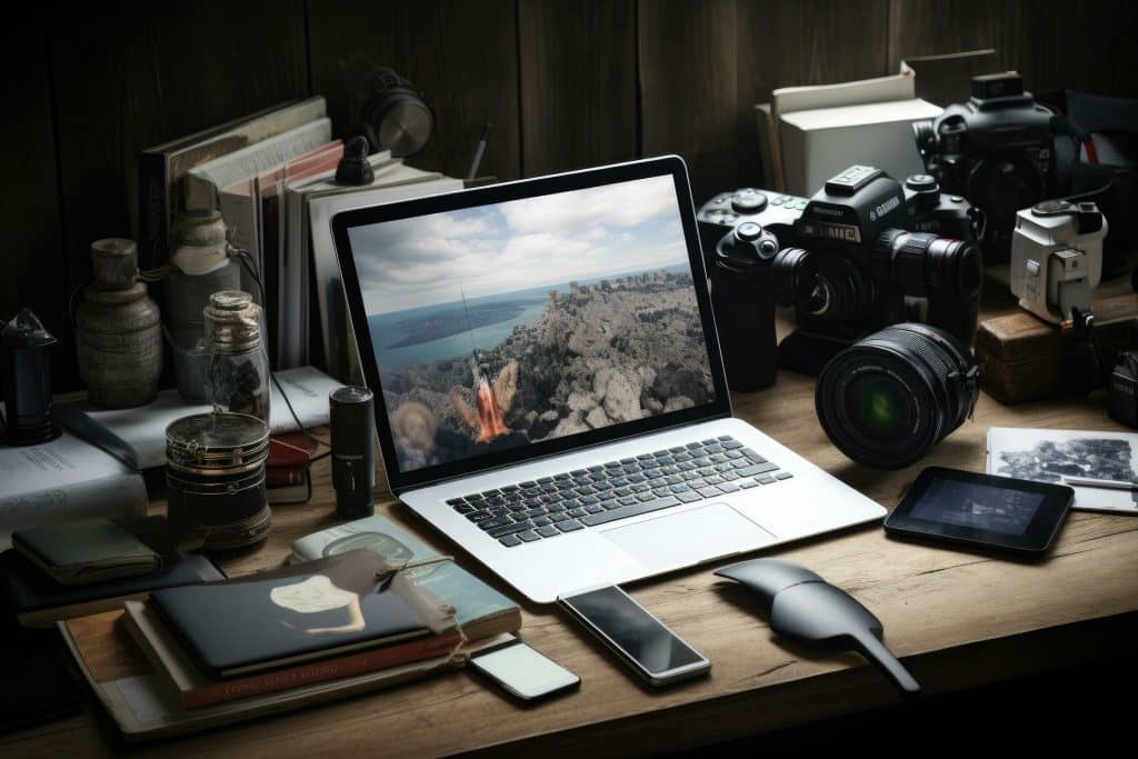 A collage depicting different scenarios a photographer with a camera a document stack on a desk and a computer showing a video game library