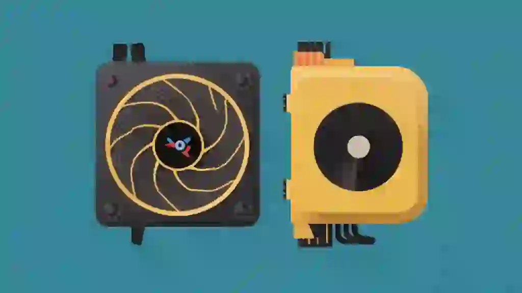A comparison image of a noisy computer fan next to a silent SSD