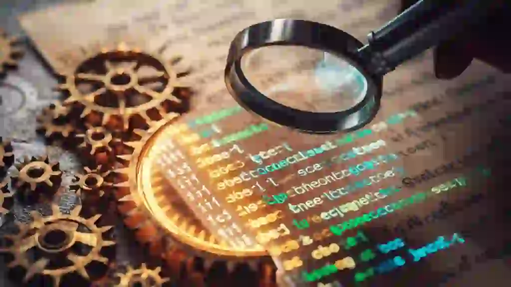 A magnifying glass that examines lines of computer code