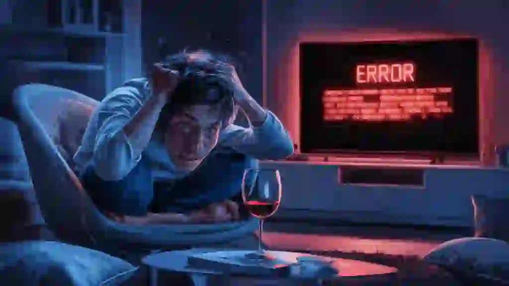 A person holding their head in frustration while looking at a TV screen displaying a cryptic error message