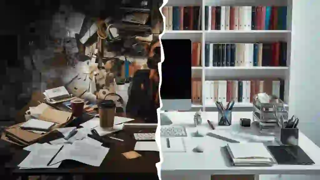 A split image. One side shows a messy desk with scattered papers and a knocked over coffee cup. The other side shows a pristine desk with everything neatly organized